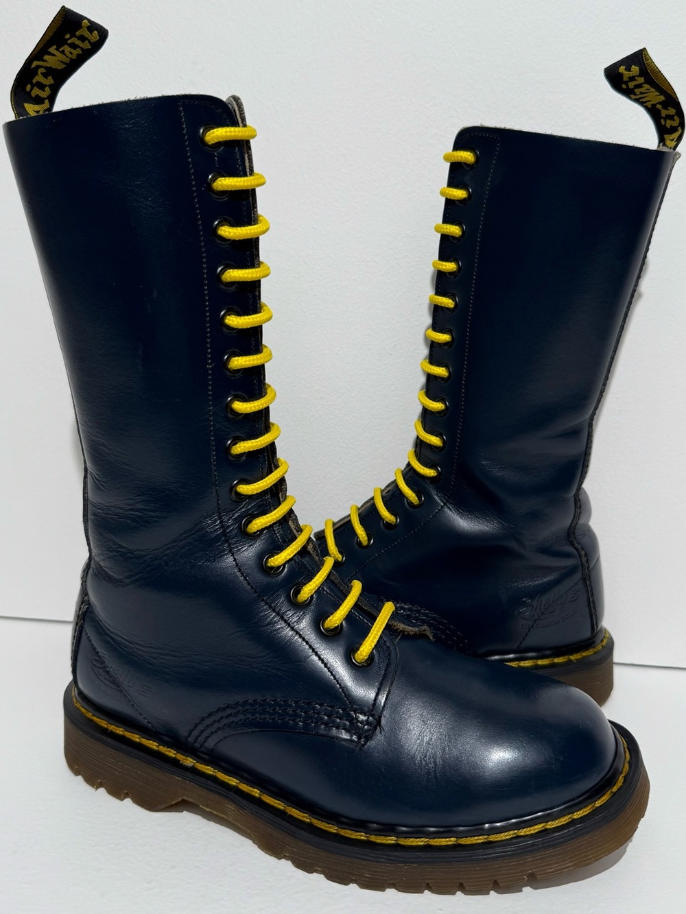 Vintage Dr. Martens Shelly’s of London 1914 Blue Leather DM Raiders 14 Eye Boots
